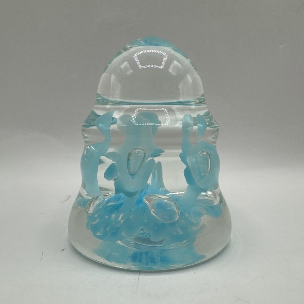 Vintage Joe St. Clair Glass Bell Shaped Periwinkle Blue Flowers Paperweight 4"